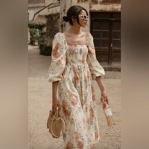 NWT Clemence Fleur Midi Dress Floral Smocked Long Sleeve Dress, Size XS